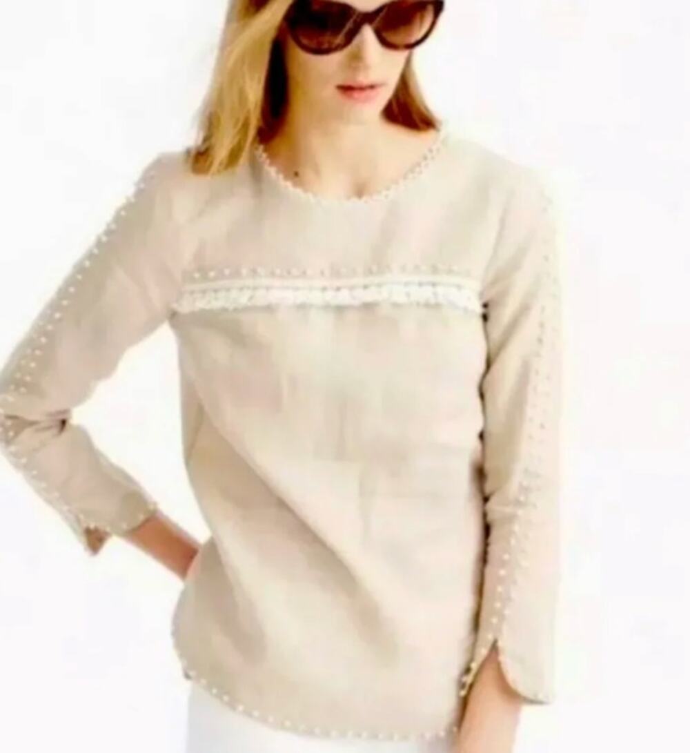 J.Crew 100% Linen Blouse Size 00 Beige Pom Pom Fringe Trim Long Sleeve Boho Top